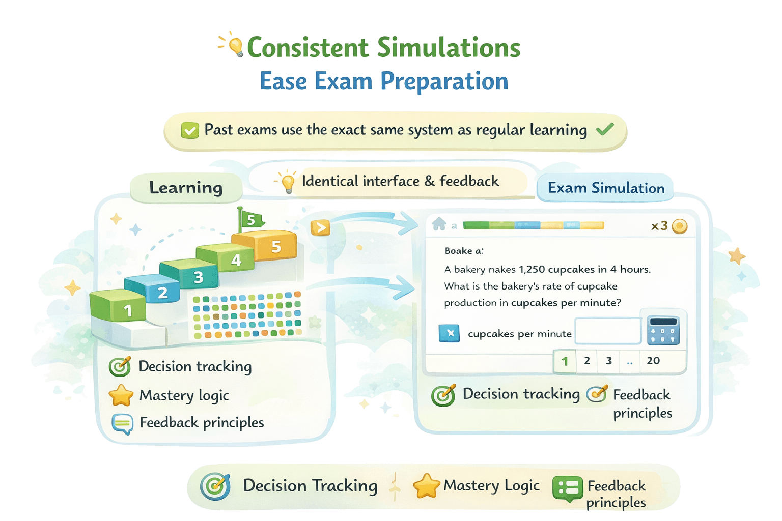 Illustration showing exam Phlows completed in chunks and revisited